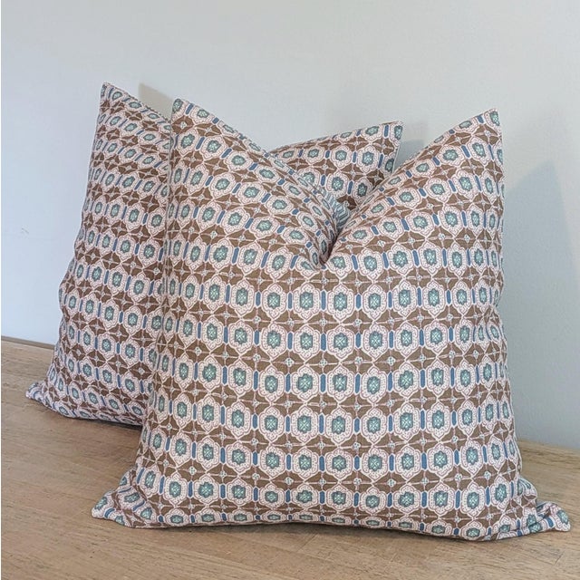 Textile Elizabeth Eakins Lanterns 20" Pillows in Teal- Pair For Sale - Image 7 of 8
