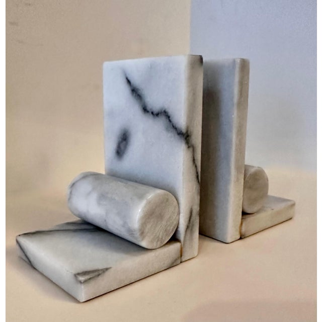 Marble Bookends with Solid Cylinder Detail - A Pair For Sale - Image 4 of 5