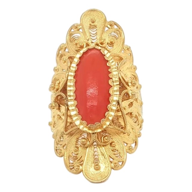 Mid 20th Century 18k Gold Coral Ring Byzantine Floral Long Finger Design Size 7 For Sale