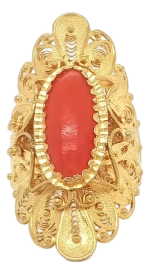 Mid 20th Century 18k Gold Coral Ring Byzantine Floral Long Finger Design Size 7