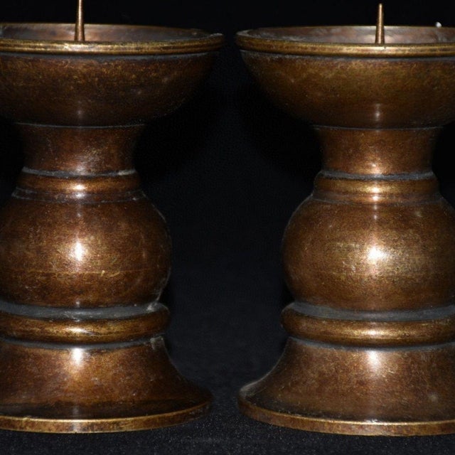 Asian Pair of Bronze Candle Holders — Curved Dish & Trumpet Base, Aged Patina For Sale - Image 3 of 9