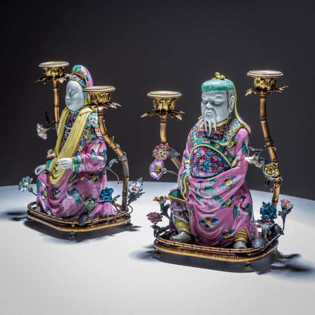 Famille Rose Style Candelabras with Chinoiserie Figures, 1900s, Set of 2 For Sale - Image 9 of 12