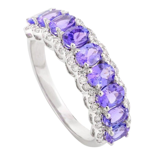 Metal Tanzanite and Diamond Cluster Half Eternity Band Ring Size 7 For Sale - Image 7 of 12