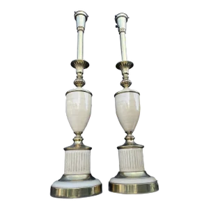 Vintage Mid 20th Century Brass & Enamel Stiffel Style Table Lamps - a Pair