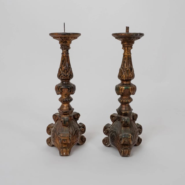 Antique Inspired Ornate Cast Composite Candlestick Pair With Venetian Gold Finish For Sale In New York - Image 6 of 13