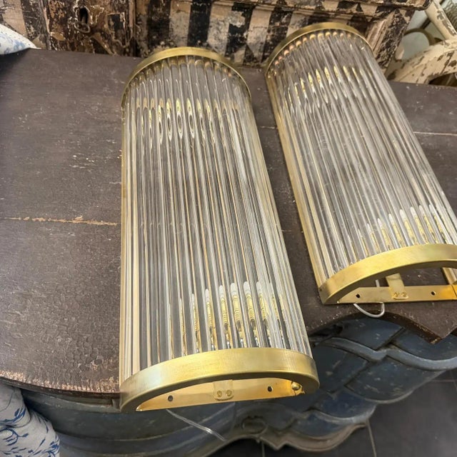 Two Elegant 2000s Mid-Century Modern Brass and Glass Italian Wall Sconces For Sale - Image 11 of 11