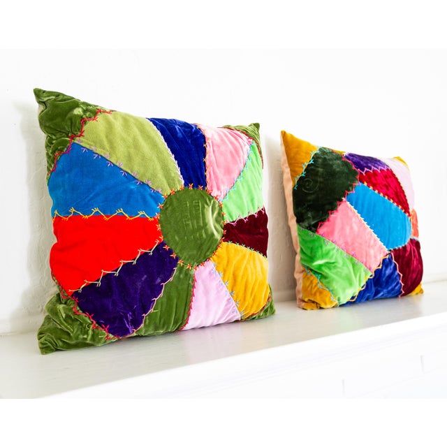 Folk Art Velvet Crazy Quilt Multi Colored Patchwork Accent Pillows | Pair of Two For Sale - Image 3 of 12