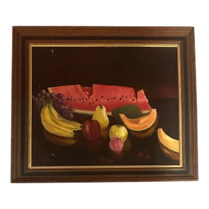 Mid Century Still Life Fruits Oil on Canvas Painting Watermelon Grapes Banana Signed Framed Vintage