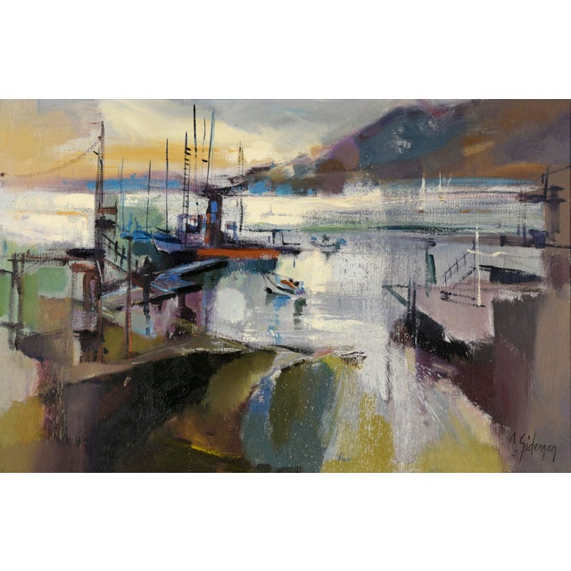 "Rain-Drenched Marina" Mid Century Modern Oakland Seascape in Oil on Linen Vibrant seascape by California artist Carol...