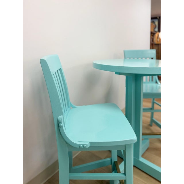 Vintage Bistro Set Turquoise Blue Counter Height Table Two Chairs Outdoor/Indoor For Sale - Image 9 of 16