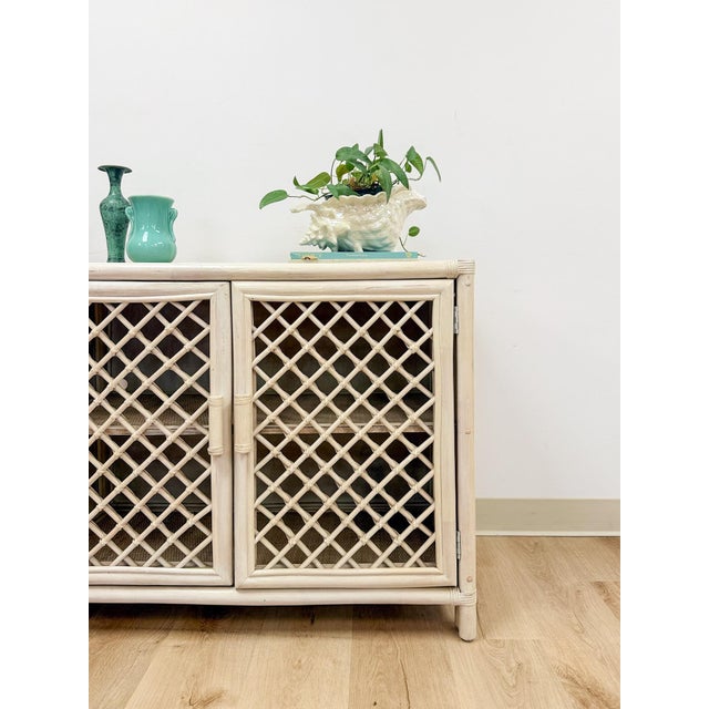 Vintage Cream Rattan Lattice Cabinet Coastal Tropical Hollywood Regency For Sale - Image 13 of 17