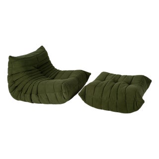 Set of Togo Lounge Chair and Pouf in Khaki Corduroy by Michel Ducaroy for Ligne Roset, 1973 For Sale