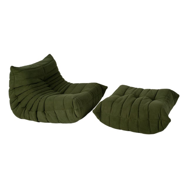 Set of Togo Lounge Chair and Pouf in Khaki Corduroy by Michel Ducaroy for Ligne Roset, 1973 For Sale