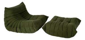 Set of Togo Lounge Chair and Pouf in Khaki Corduroy by Michel Ducaroy for Ligne Roset, 1973