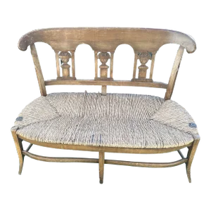 19th Century Antique Woven Rattan Woven Seat Wood Bench