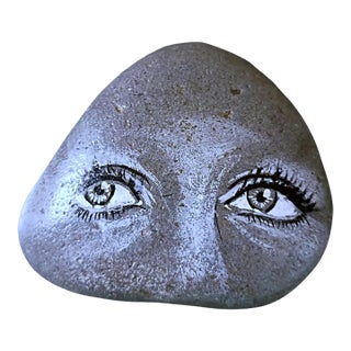 1965 Signed Hand-Painted Watching Rock Stone Artwork Paperweight For Sale