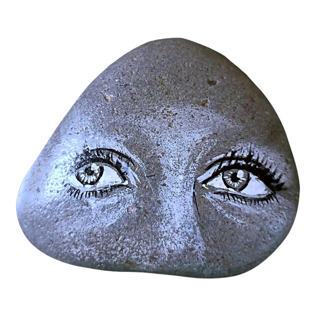 1965 Signed Hand-Painted Watching Rock Stone Artwork Paperweight For Sale