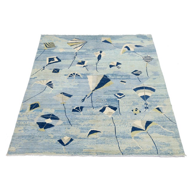 Ivory Whimsical Modern Blue & Ivory Kite Motif Hand-Knotted Wool Rug For Sale - Image 8 of 10