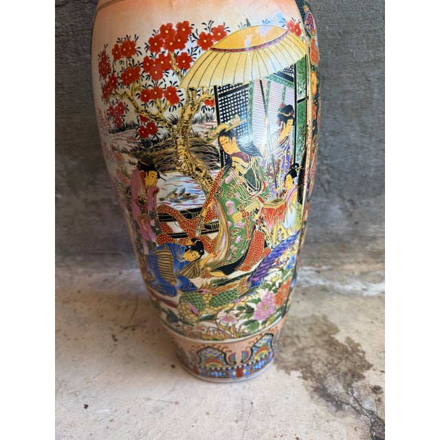 Traditional 24" 20th Century Vintage Asian Satsuma Double Sided Floor Vase Fantastic For Sale - Image 3 of 7