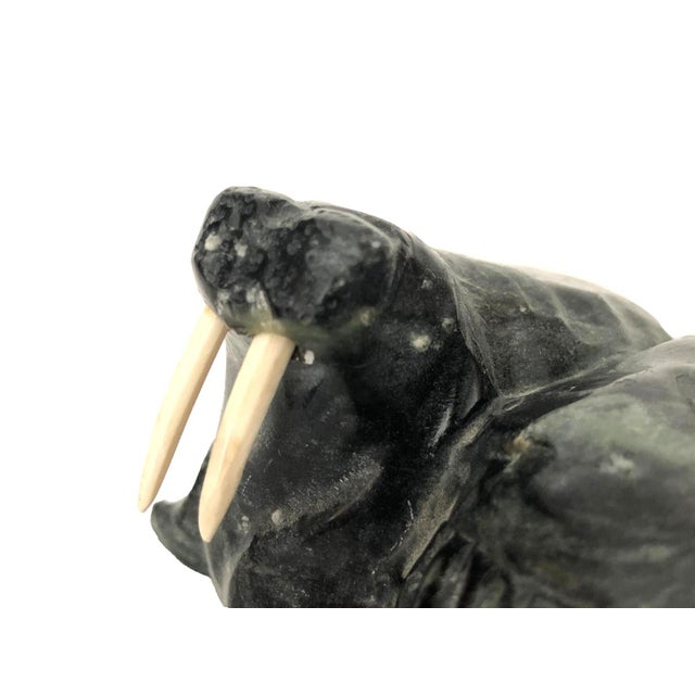 1980s Inuit Walrus Pair Hand Carved Folk Art Serpentine Signed William Luke For Sale - Image 4 of 10