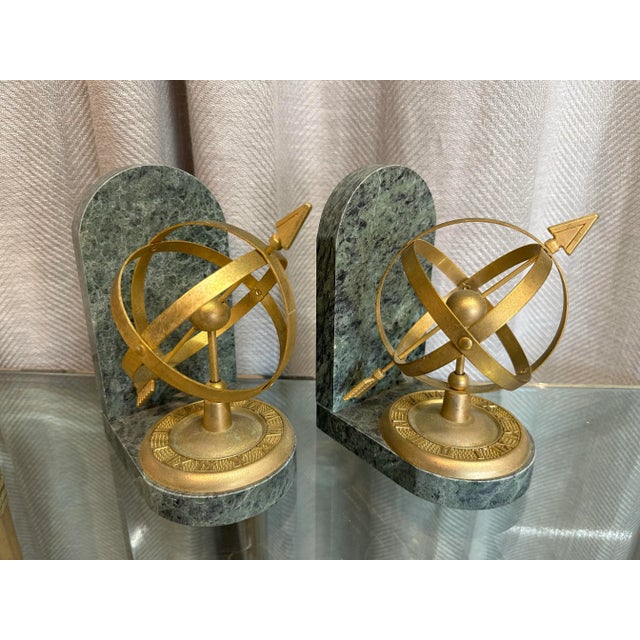 Brass Globe Arrow Bookends on Marble, Pair For Sale - Image 4 of 4