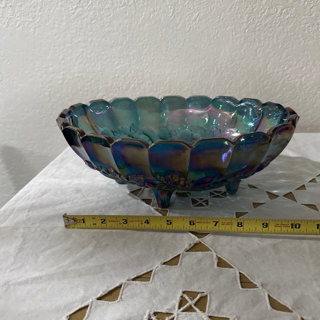 Glass Vintage Indiana Iridescent Carnival Glass Blue Grapefruit Footed Bowl For Sale - Image 7 of 9
