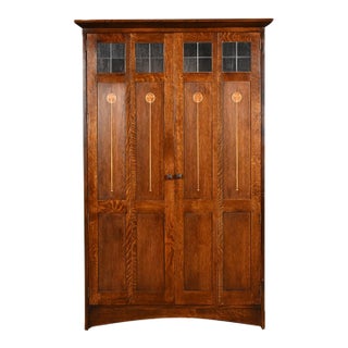 Stickley Harvey Ellis Collection Mission Arts & Crafts Inlaid Oak and Leaded Glass Armoire or Media Cabinet For Sale