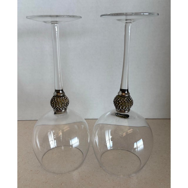 Late 20th Century Late 20th Century Hollywood Regency Jeweled Stem Wine Goblets - a Pair For Sale - Image 5 of 7