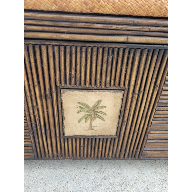 Vintage Wicker Brown Pencil Reed Tan Wicker Storage Flip Top Bench For Sale - Image 9 of 10