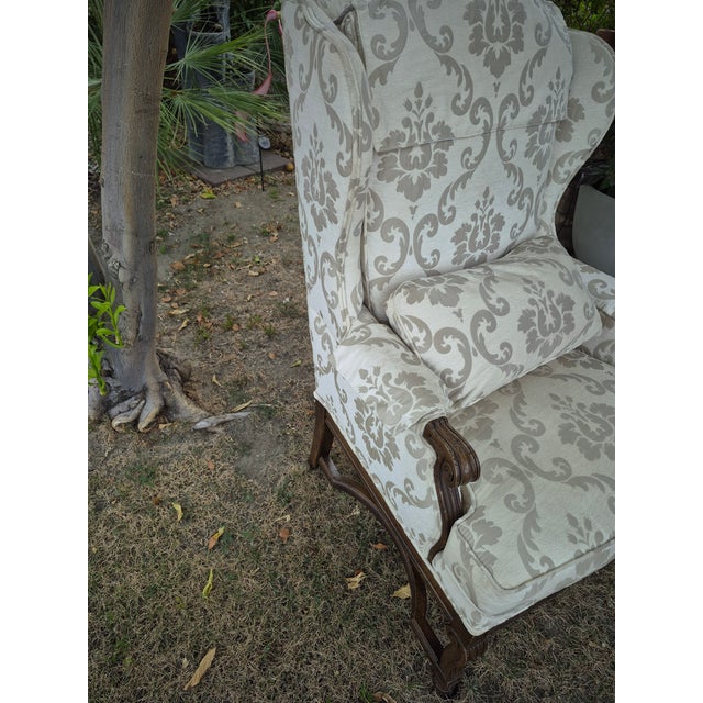 Mid 20th Century Traditional Queen Anne-Style High-Back Upholstered Wingback Armchair For Sale In Palm Springs - Image 6 of 17