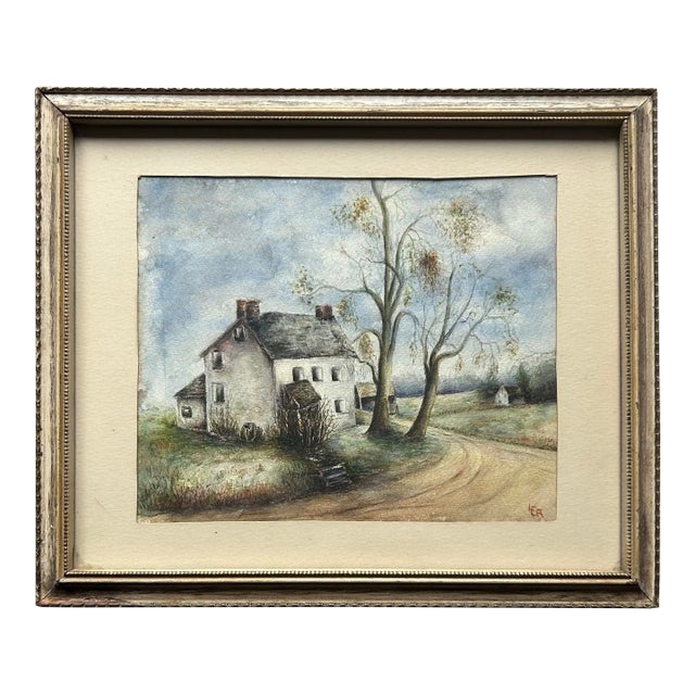 Antique Original Watercolor of a Country Farm House For Sale