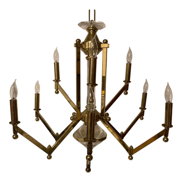 Mid Century Modern Lightolier Style Brass and Lucite Angular 9 Arm Chandelier For Sale