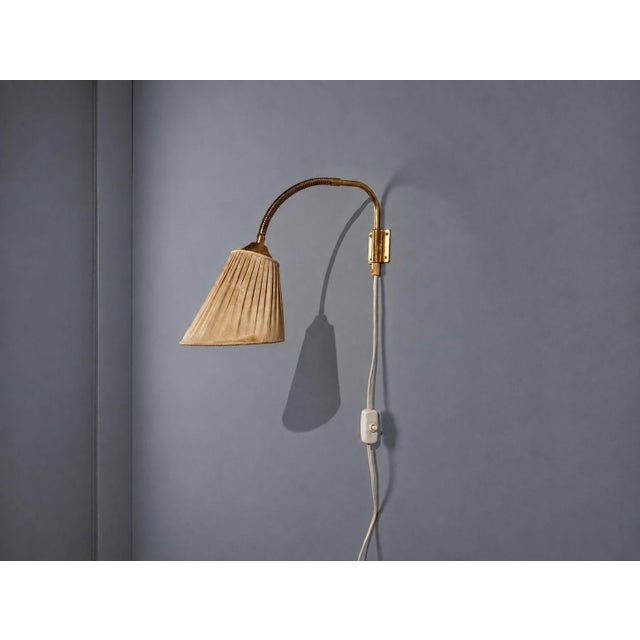 Mid-Century Modern 1950s Mid-Century Modern Ajh, Swedish Modern, Adjustable Wall Light, Brass, Pleated Fabric For Sale - Image 3 of 14