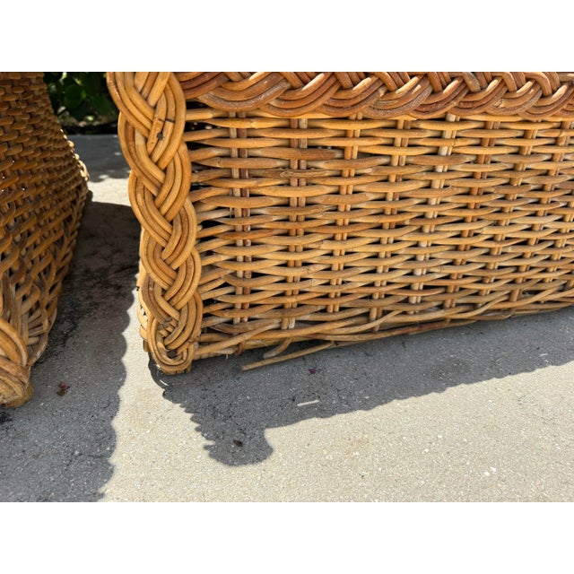 Vintage 72” Handwoven Rattan Sofas With Large Braid Trim, Pair For Sale - Image 11 of 17