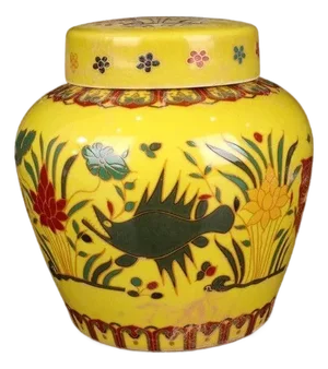 1970s Yellow Ground Doucai "Fish & Algae" Small Ginger Jar With Lid