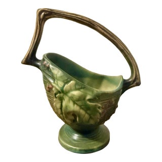 Mid 20th Century Roseville Bushberry Green Art Pottery Basket For Sale