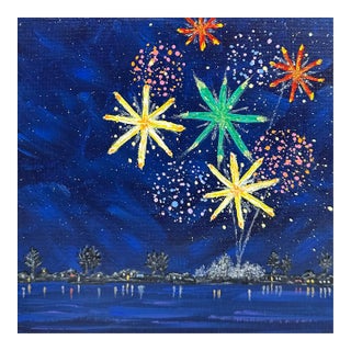 Celebrate 2 Fireworks Acrylic Painting 8"x8" Celebration Theme Wall Art Unframed For Sale