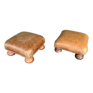 Petite Patinated Leather Footstool Pair For Sale