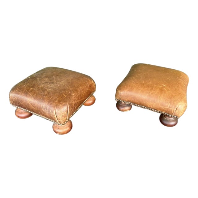 Petite Patinated Leather Footstool Pair For Sale