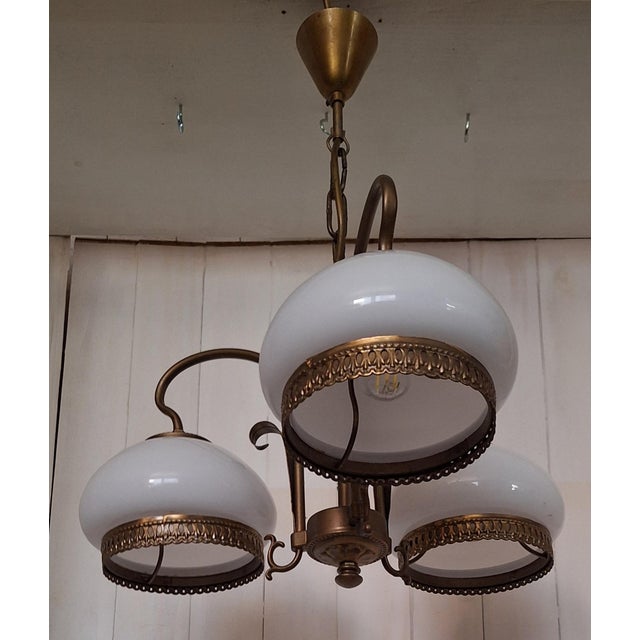 Vintage Three-Light Ceiling Lamp with Brass Frame and White Glass Shades, 1980s For Sale - Image 6 of 7