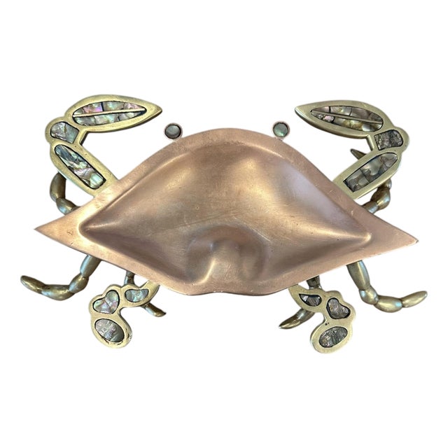 Vintage, Mid Century Los Castillo Style Brass, Copper & Abalone Crab Trinket Dish / Vide Poche / Catchall For Sale