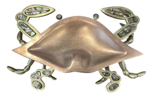 Vintage, Mid Century Los Castillo Style Brass, Copper & Abalone Crab Trinket Dish / Vide Poche / Catchall