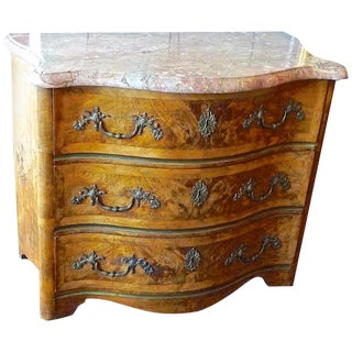 French 19th Century Bow-Fronted Burl Walnut Chest With Three Drawers and a Marble Top For Sale