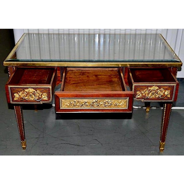 Louis XVI-style Gilt Bronze Parquetry Bureau Plat, After Jean-Henri Riesener For Sale In San Francisco - Image 6 of 13
