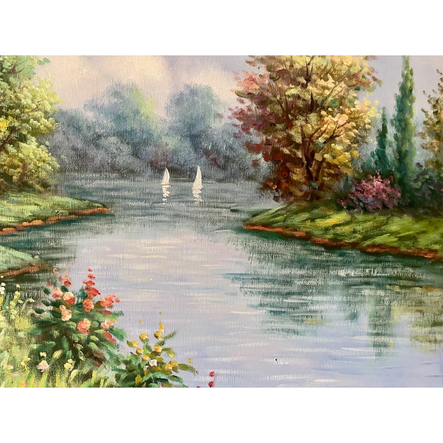 1970s W. Hodges Signed Oil Painting on Canvas River Cottage Floral Landscape For Sale - Image 5 of 6