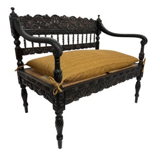 Early 19th Century Antique Anglo Indian Caned Seat Settee in Carved Ebony For Sale