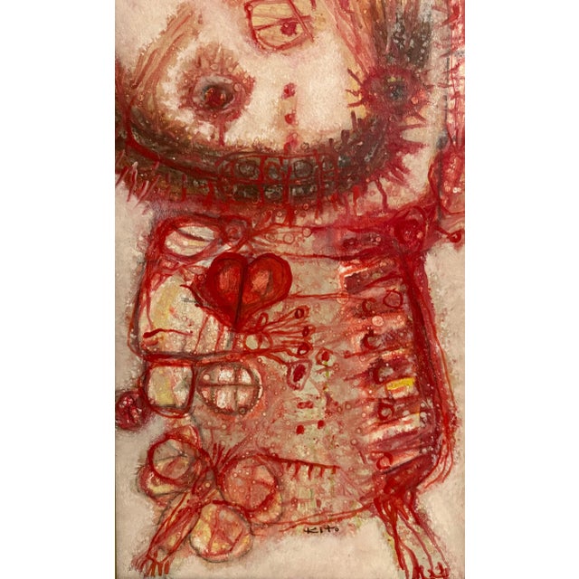 Textile Akira Kito, 1963 French Japanese Art Brut Abstract Oil Painting Akira Kito Diable et Rouge, 1963 For Sale - Image 7 of 12