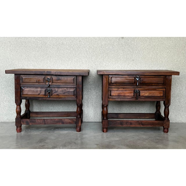 20th Century Pair of Spanish Nightstands with Two Drawers and Iron Hardware For Sale - Image 9 of 18