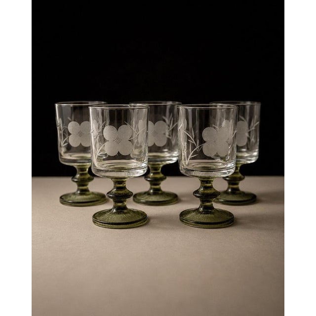 Vintage Etched Floral Clear Wine Glasses with Olive Green Stems, Set of 5 For Sale - Image 13 of 13