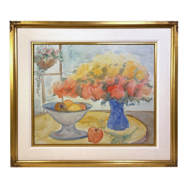 Contemporary 1970s Impressionist Still Life Painting Flower Vase & Fruit Bowl For Sale